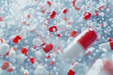 A surreal image of pills floating in the air. Suitable for medical concepts