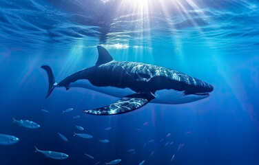 Obraz premium Grosser Haifisch schwimmt im Meer, Unterwasser, Generative AI