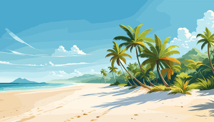 Fototapeta na wymiar Tropical Sea beach background, landscape with sand beach, sea water edge and palm trees. Colorful vector art illustration, banner, wallpaper.