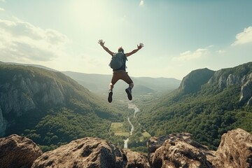 A man leaping off a cliff into the air, perfect for adventure concepts