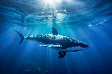 Grosser Haifisch schwimmt im Meer, Unterwasser, Generative AI - obrazy, fototapety, plakaty