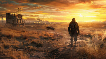 Lone survivor in a post-apocalyptic sunset - A lone figure walks through a post-apocalyptic landscape against a backdrop of a dramatic sunset, evoking a story of survival