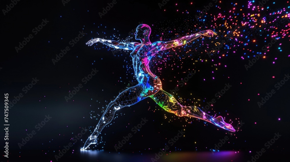 Poster A man jumping in the air with colorful lights. Suitable for dynamic and energetic concepts