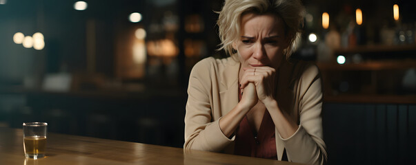 Alone and offended middle-aged woman sitting at cafe bar party