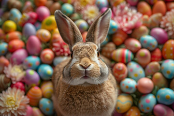 Fototapeta na wymiar Easter Bunny Amidst a Sea of Decorated Eggs