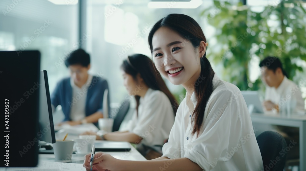 Poster A woman sitting at a desk in front of a computer. Suitable for office or technology concepts