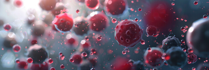 Molecular Abstract Background with Spheres - This image depicts a 3D rendered concept of molecules, symbolizing scientific research, with red and blue spheres