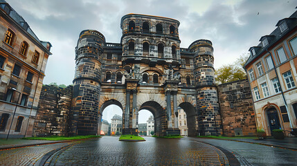 Amazing view of famous Porta Nigra (Black gate) - ancient Roman city gate in Trier, Germany. UNESCO. - obrazy, fototapety, plakaty