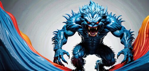 a picture of a monster that is in the middle of a painting with blue and orange waves in the background.