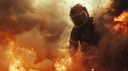Motorcyclist speeding through explosive backdrop - A dynamic image of a motorcyclist racing forward, engulfed in sparks and flames for an action-packed scene - obrazy, fototapety, plakaty