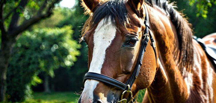 a close up of a brown and white horse with a black bridle and a tree in the background.