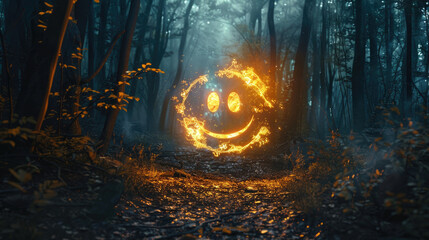 Mystical smiley face in enchanted forest - A glowing smiley face with flames appears mysteriously among the foggy, ethereal trees in a magical forest setting