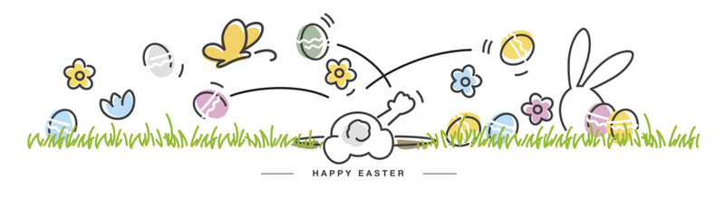 Happy Easter. Cute Easter bunny cleans nesty. Butterfly spring flowers tulips colorful eggs in green grass. Easter egg hunt white greeting card