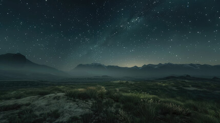 Fototapeta premium Nighttime landscape with stars and mountains - A serene night landscape featuring mountains under a starry sky, evoking wonder and nature