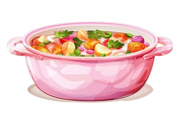 A pink pot filled with a variety of fresh vegetables. Ideal for healthy eating concepts