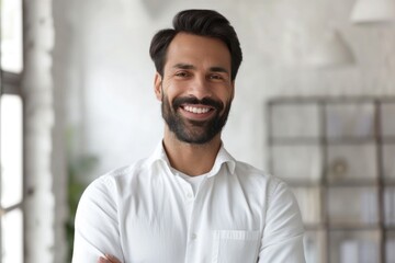 Naklejka premium A man in a white shirt smiling with his arms crossed. Suitable for business and lifestyle concepts