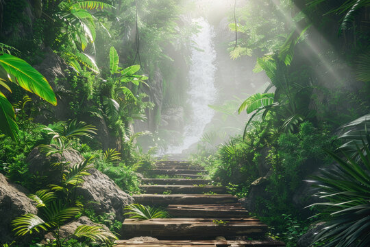 Mystical jungle with sunbeam and waterfall - An enchanting pathway leads through a dense, sunlit jungle to a hidden waterfall, invoking a sense of adventure
