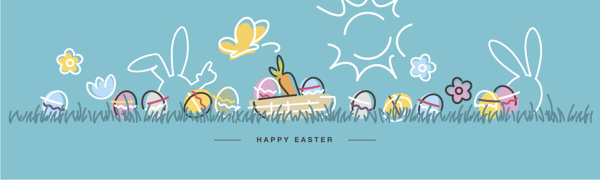 Easter banner. Easter basket with eggs and carrot handwritten bunnies, eggs, flowers, grass on sea green background. Easter egg hunt colorful greeting card