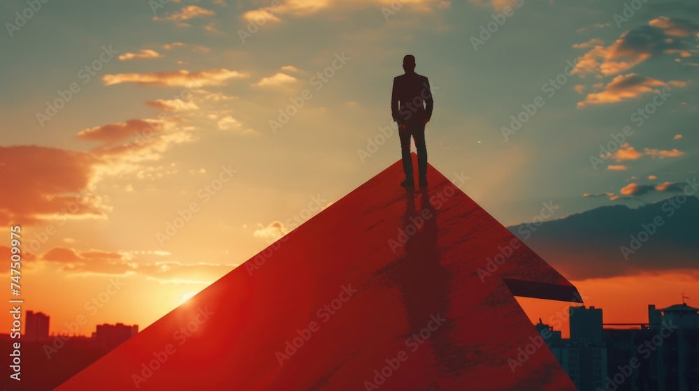 Poster a man standing on top of a red arrow, suitable for business concepts