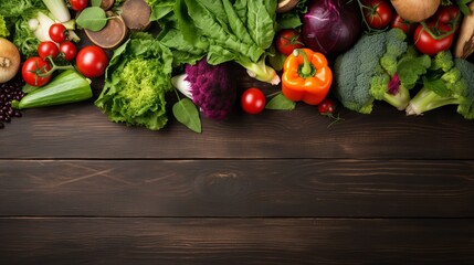 Healthy eating concept with fresh vegetables and salad bowls on kitchen wooden worktop, copy space at center, top view