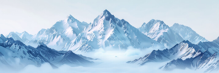 Obraz premium Panoramic view of snow-capped mountain range - Expansive panoramic landscape features majestic snow-covered mountains, embodying the breathtaking beauty and tranquility of untamed nature