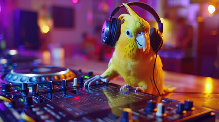 Parrot DJ with headphones mixing on turntables - A vibrant image of a parrot acting as a DJ with headphones on, mixing tracks on a professional audio mixer in a club environment - obrazy, fototapety, plakaty