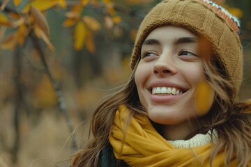 A smiling woman in a yellow scarf and brown hat. Suitable for fashion or lifestyle concepts