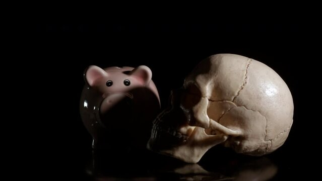 Skull by piggy on black background. A view of human skull by the piggy bank on the black background. A concept of world money crisis and saving money problems.