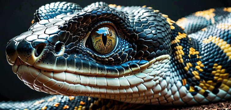 a close - up of a snake's eye with a black and yellow stripe on it's head.