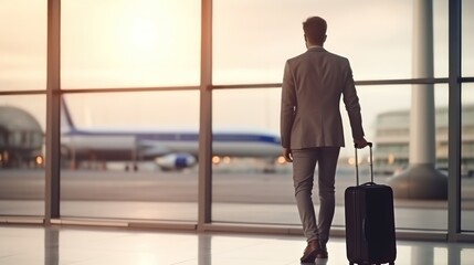 Back view of a young businessman walking with a suitcase at the airport. Travel and business...
