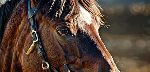 a close up of a brown horse with a bridle and a bit of hair on it's face. - obrazy, fototapety, plakaty