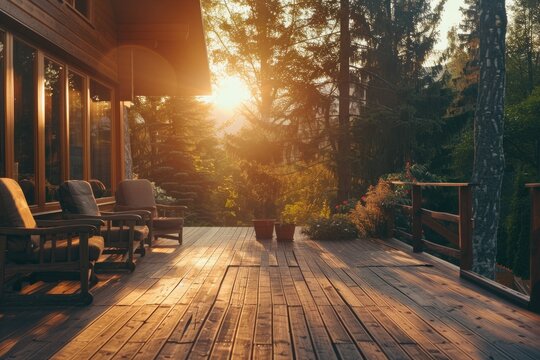 A Wooden Deck With Chairs And A Potted Plant. Ideal For Home Improvement Or Garden Design Concepts