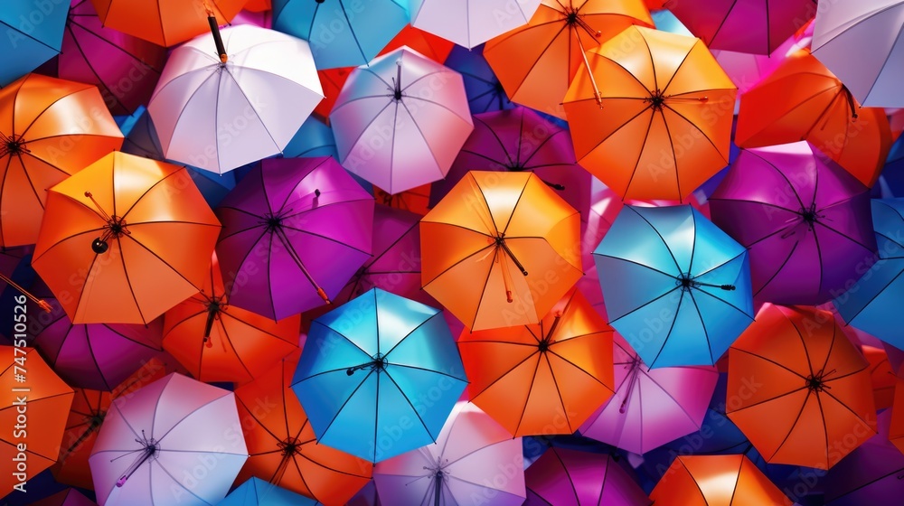 Poster A bunch of colorful umbrellas hanging from the ceiling. Perfect for adding a pop of color to any space