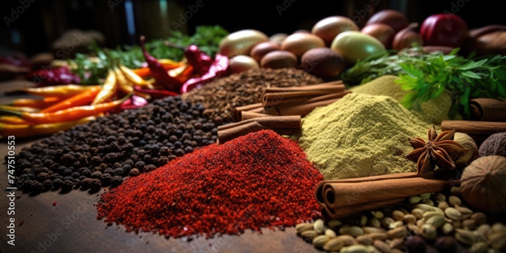 Poster Various types of spices neatly arranged on a table. Suitable for culinary concepts