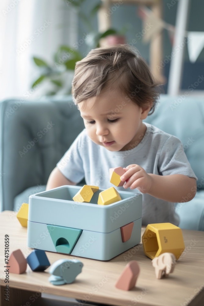 Poster a small child playing with wooden toys on a table. perfect for educational or parenting concepts