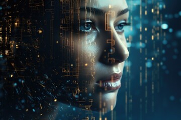 A woman's face blending with digital technology. Suitable for technology concepts