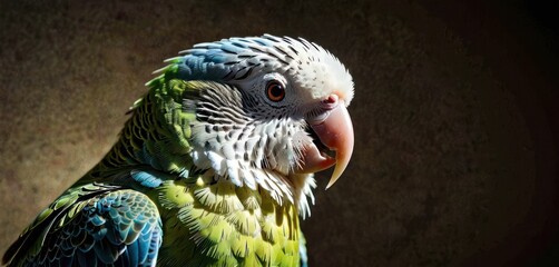 a close up of a multicolored parrot on a dark background with a spot on the back of the parrot's head.