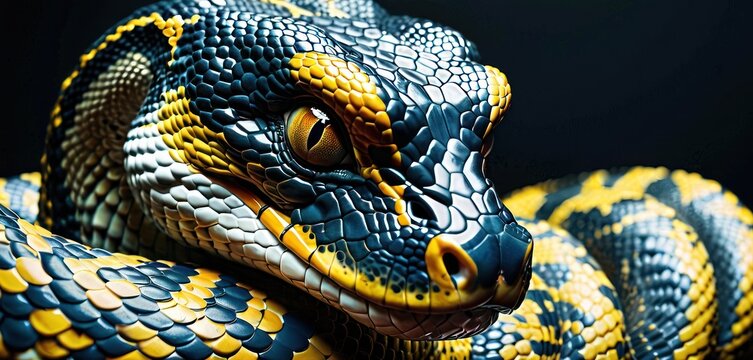 a close up of a snake's head with yellow, blue, and black stripes on it's body.