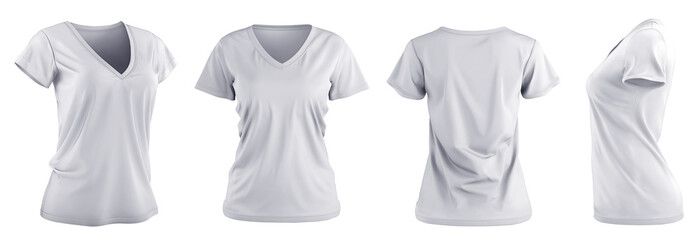 Set of woman white tee t shirt v-neck slim cut, front back and side view on transparent background cutout, PNG file. Mockup template for artwork graphic design. 