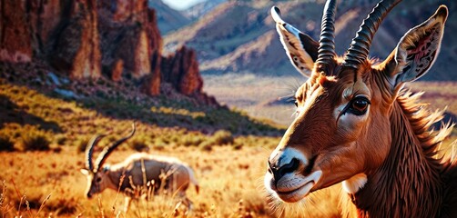 an antelope and a gazelle in a field of grass with mountains in the backgroup. - obrazy, fototapety, plakaty
