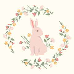 Cute bunny design with flowers and leaves for greeting card, poster, postcard, etc. Vector illustration. Easter design.