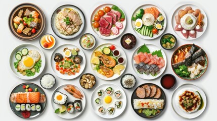 A large number of plates of food on a table. Ideal for restaurant menus