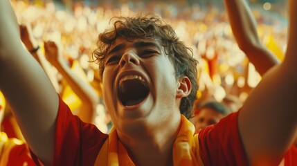 A happy man in a red shirt, with arms raised in the air, is celebrating, sporting a smile on his face. AIG41