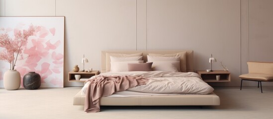 A modern bedroom featuring a stylish bed with elegant bedding, complemented by a painting hanging on the wall above it. The room is well-designed and furnished with a contemporary aesthetic.