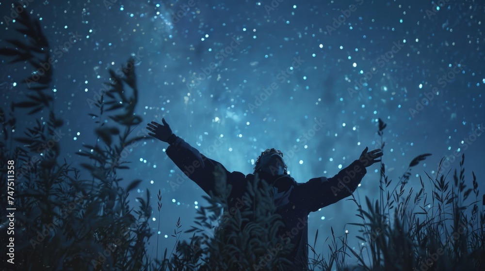 Poster A person standing in a field with their arms outstretched. Suitable for various concepts and designs