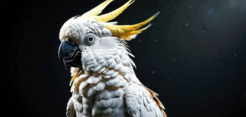 a close up of a white and yellow parrot on a black background with a light shining on it's head.