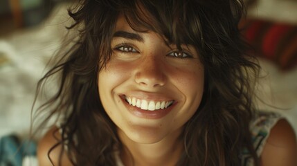Fototapeta premium A woman with long hair smiling at the camera. Suitable for various marketing materials