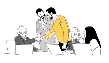 Business team members working together. Set of businessmen and businesswomen cartoon characters greeting, shaking hands. Vector outline hand drawn illustration Isolated on transparent background.