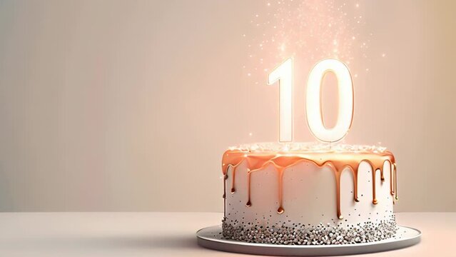 Luxurious birthday white cake in a minimalist style with golden icing topped and decorated with a fireworks candles as a number ten on a white background.