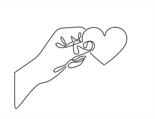 Hand holding heart continuous one line drawing. Love concept. Vector illustration isolated on white.
